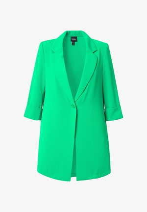 Helle grüne Damenblazer mit einer einzelnen Knopfleiste, Reverskragen und hochgerollten Dreiviertelärmeln.