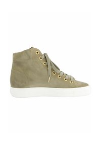 Sneaker montante en suede vert clair avec œillets dorés, lacets gris et une semelle en caoutchouc blanche. Texture lisse avec des détails de design minimaux.