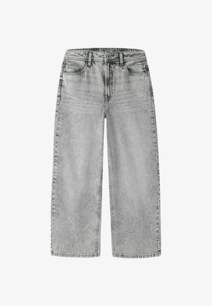 Szare dżinsy o szerokich nogawkach z luźnym krojem, wyposażone w zapięcie na guziki, pięć kieszeni oraz delikatne spranie nadające teksturę.