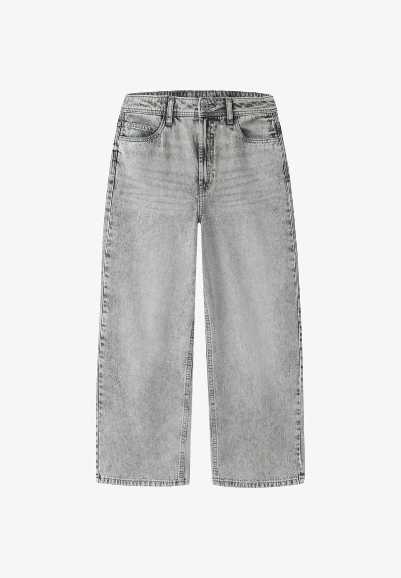 Hallid denimist laiade jalgadega püksid lõdvestunud lõikega, millel on nööpkinnitus, viis taskut ja kerge pleekimine tekstuuri loomiseks.