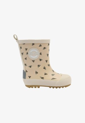 Botte de pluie en caoutchouc beige avec un motif d'abeille, une bordure blanche, un talon accent gris et une semelle texturée pour une meilleure adhérence.