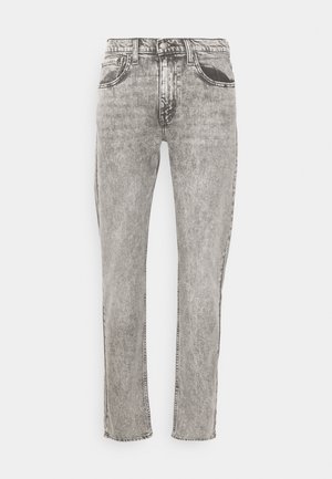 Hellgraue Denim-Jeans mit einem ausgewaschenen Look, geradem Beinschnitt, fünf Taschen und genähten Details am Saum.