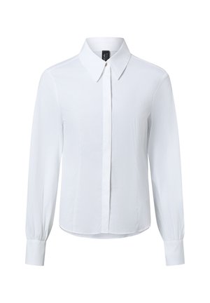Witte blouse met lange mouwen, een klassieke kraag, knoopsluiting aan de voorkant en een afgeronde zoom. Glad stof met een subtiele glans, zonder zichtbare patronen of accenten.