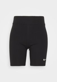 Shorts da bicicletta neri a vita alta con il logo Swoosh bianco di Nike sulla gamba sinistra, progettati per l'abbigliamento sportivo.