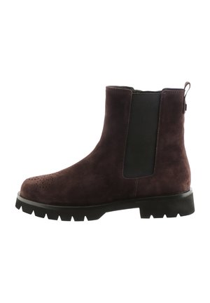 Ankle boot made of brown suede with elastic side panels, rounded toe, textured sole, and rear pull tab for easy wear.