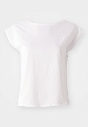 T-shirt blanc à manches courtes en coton, avec un col rond et une coupe ample. Présente un logo discret sur la poitrine.