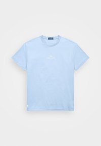 Light blue short-sleeve crew neck T-shirt with "Polo Ralph Lauren" embroidered on chest and small white horse logo near bottom hem.