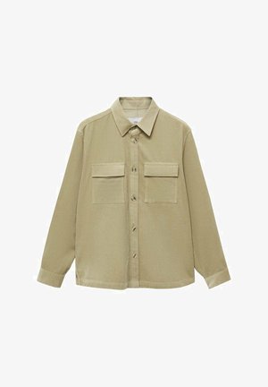 Gemustertes Kordhemd in hellem Beige mit langen Ärmeln, einem kragenförmigen Ausschnitt, zwei Brusttaschen und Knopfverschluss auf der Vorderseite.