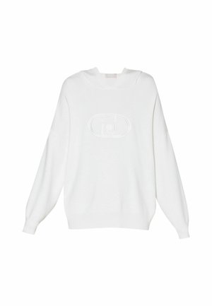 Felpa bianca con cappuccio, vestibilità ampia, polsini e orlo a costine. Presenta un logo in rilievo tono su tono al centro frontale. Tessuto a maglia morbido.