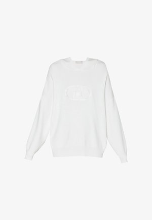 Felpa bianca con cappuccio, vestibilità ampia, polsini e orlo a costine. Presenta un logo in rilievo tono su tono al centro frontale. Tessuto a maglia morbido.