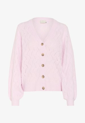 Gaiši rozā adīta džemperis ar V veida dekoltē, ar teksturētu rakstu, garām piedurknēm un piecām lielām pogām aizdarei priekšā.