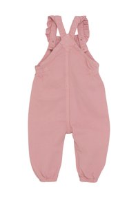 Rosa Baumwoll-Latzhose mit gefransten Schulterträgern, elastischem Bund und Bündchen, schmal zulaufenden Beinen und zwei Seitentaschen für zusätzlichen Komfort.