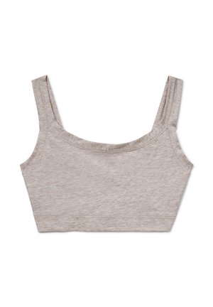 Lichtgrijze bralette gemaakt van zacht, rekbaar materiaal. Heeft brede banden, een ronde halslijn en een glad, naadloos ontwerp.
