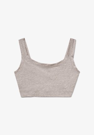 Jasnoszara braletka wykonana z miękkiej, elastycznej tkaniny. Posiada szerokie ramiączka, zaokrąglony dekolt oraz gładki, bezszwowy fason.