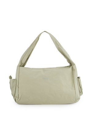 Beżowa miękka torba na ramię z szerokim paskiem i bocznymi kieszeniami, w kształcie prostokąta, z małym wytłoczonym logo "VENEZIA" na środku przodu.