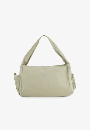 Beige Umhängetasche aus weichem Stoff mit breitem Riemen und Seitentaschen, rechteckige Form, kleines, geprägtes "VENEZIA"-Logo in der Mitte vorne.