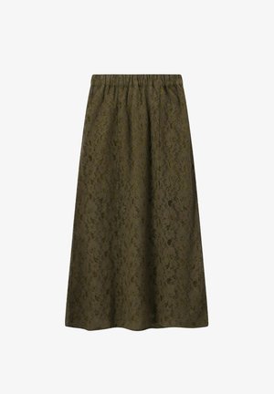 Olive green lace skirt with an elastic waistband, featuring a floral pattern and a flowy silhouette. Length reaches mid-calf.