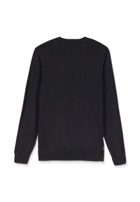 Pull noir à manches longues avec col rond, poignets et ourlet côtelés, présenté de dos sur fond blanc.