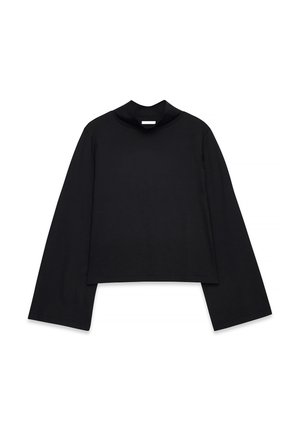 Black cropped turtleneck top with long sleeves. Made of smooth fabric, featuring a high neckline and wide sleeves. No visible patterns or hardware.