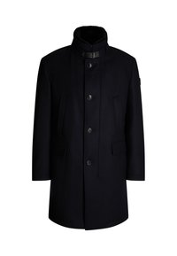 Cappotto di lana blu navy con colletto alto, design doppiopetto, quattro tasche frontali e tessuto testurizzato. Include dettagli in metallo nero.