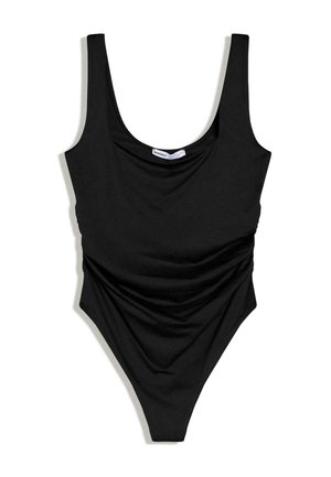 Musta hihaton uimapuku, jossa on pyöreä pääntie ja rypytetyt yksityiskohdat edessä.