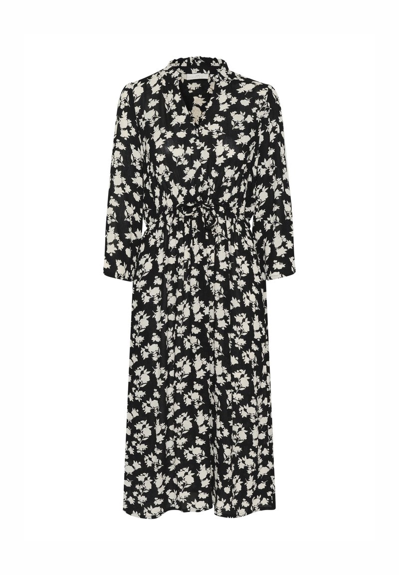 Zwart bloemenjurk met lange mouwen, getailleerde taille en een kraaghalslijn. Heeft witte bloemenpatronen op een gestructureerde stof.