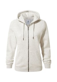 Light grey hoodie made of soft, textured fabric. Features a front zipper, kangaroo pockets, and drawstring hood. Simple design.