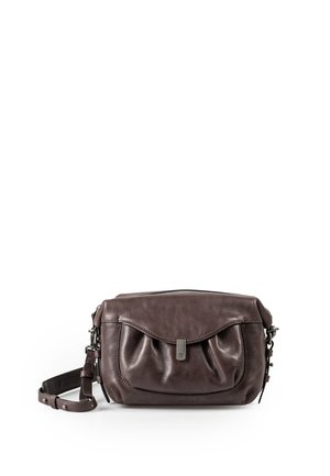 Dark brown leather crossbody bag with a front flap pocket and adjustable shoulder strap on a white background.