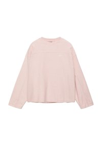 Sweatshirt rose clair à manches longues et col ras du cou, avec un petit logo discret sur la poitrine, présenté à plat sur un fond blanc.