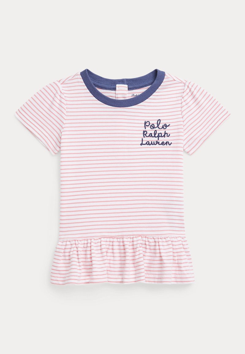 Camiseta de manga curta às riscas com colarinho azul e bainha de volantes, apresentando riscas rosa e brancas e o logo bordado "Polo Ralph Lauren".