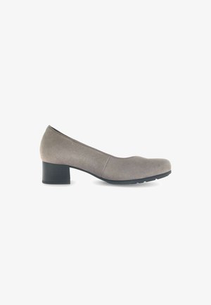 Grau Wildleder-Pumps mit runder Zehenpartie und niedrigem Blockabsatz. Verfügt über eine glatte Textur und ein einfaches Design ohne sichtbare Verzierungen.