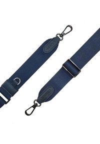 Marineblaues Stoffband mit gewebter Textur, Lederakzenten und Metallclips. Einstellbar mit einer quadratischen Schnalle für sichere Befestigung.