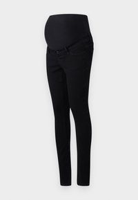 Jeans de maternidad negros con un panel elástico en el abdomen. Diseño ajustado, confeccionados en tela de mezclilla, con bolsillos y una textura suave.