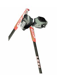 Leki ski poles with black shafts, red and white accents, cork grips, and adjustable gray straps for secure hold and comfort.
