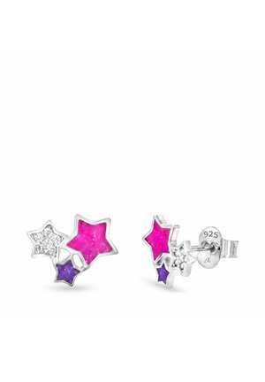 Silver stud earrings with three connected stars in pink, purple, and clear crystals, showing front and back views on a white background.