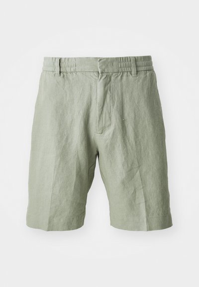 Hellgrüne Leinen-Shorts mit lockerer Passform, elastischem Bund und zwei vorderen Taschen. Glatte Textur mit lässigem Design.