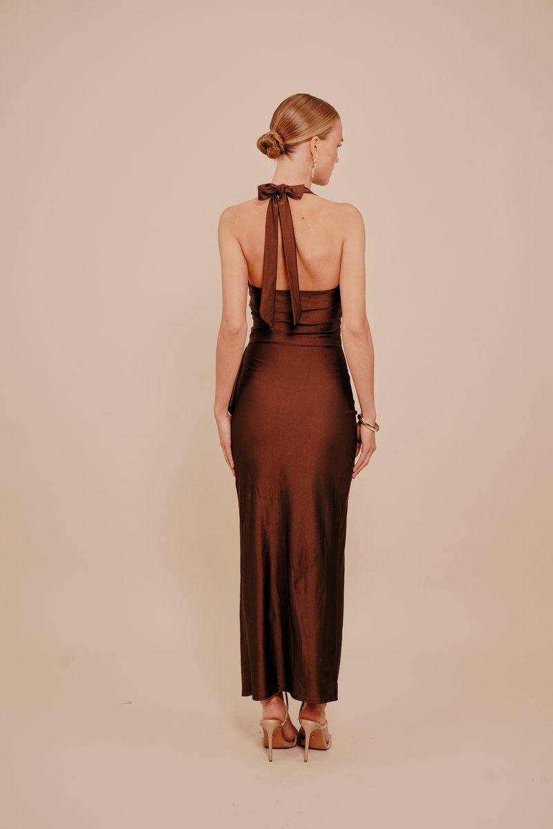 halter mini dress red Brown Satin Maxi Dress main image 1