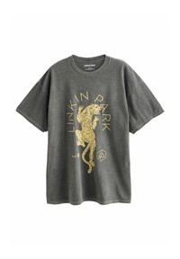 T-shirt en coton gris avec un graphique doré d'un tigre et le texte "LINKIN PARK". Manches courtes et design décontracté.