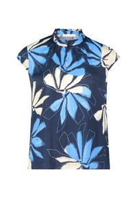 Maglietta a maniche corte di colore blu navy con un grande motivo floreale blu e crema. Presenta un colletto alto e una leggera arricciatura alla scollatura. Tessuto seta.