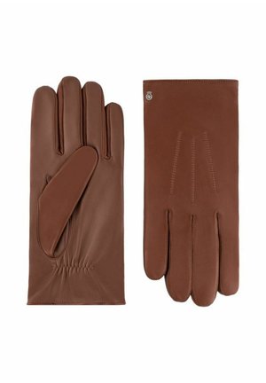 Pair of brown leather gloves with three stitched lines on the back and a small metal logo near the wrist on one glove.