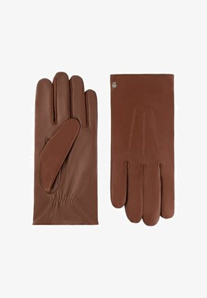 Pair of brown leather gloves with three stitched lines on the back and a small metal logo near the wrist on one glove.