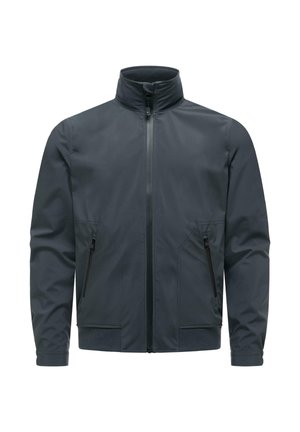 Veste légère gris foncé avec fermeture éclair frontale complète, poches latérales zippées, col montant et manches longues.
