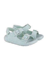Pale green sandals made of synthetic material featuring two adjustable straps, silver buckles, and a rubber sole with textured tread.
