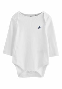 Body à manches longues blanc en tissu côtelé, avec une petite broderie d'étoile marine sur la poitrine et une fermeture à pression au bas.