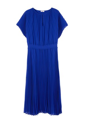 Blauwe geplooide midi-jurk met korte mouwen, ronde halslijn met een kleine voorste split en een geplooide tailleband.