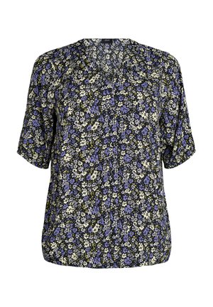 Blouse ample à manches courtes avec imprimé floral noir, blanc et violet sur fond foncé, avec un col en V et un détail de boutons.