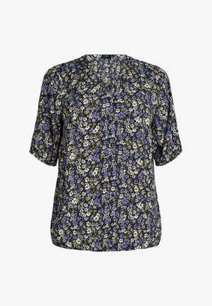 Blouse ample à manches courtes avec imprimé floral noir, blanc et violet sur fond foncé, avec un col en V et un détail de boutons.