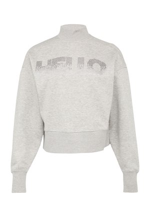 Szary krótki sweatshirt z wysokim kołnierzem i długimi rękawami. Posiada grafikę z aplikacją z cyrkonii "HELLO" na klatce piersiowej. Miękka tekstura materiału.