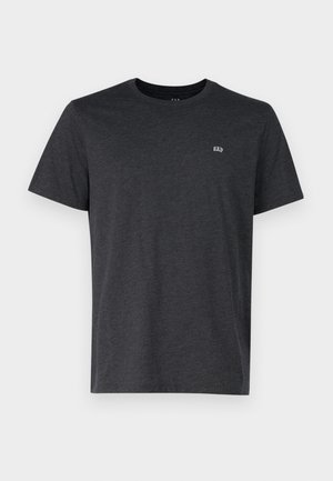 T-shirt gris foncé à manches courtes en coton, avec un col rond et un petit logo sur le côté gauche de la poitrine. Texture lisse.