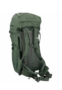 Zöld kültéri hátizsák strukturált kialakítással, hálós hátrész, állítható pántok, több zseb és felgörgethető zárás.
